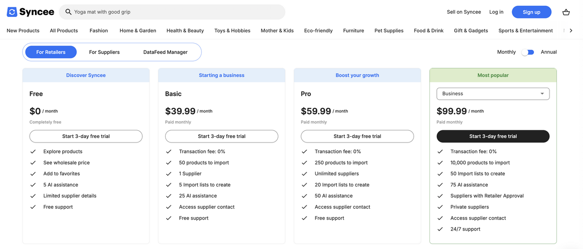 Syncee's pricing, one of the dropshipping platforms with the best fulfillment times
