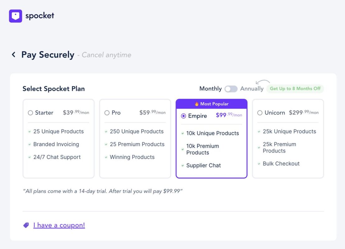 Spocket's pricing, one of the dropshipping platforms with the best fulfillment times