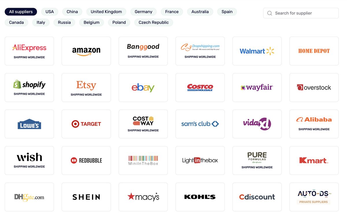 AutoDS's supported suppliers for dropshipping with the best fulfillment times.