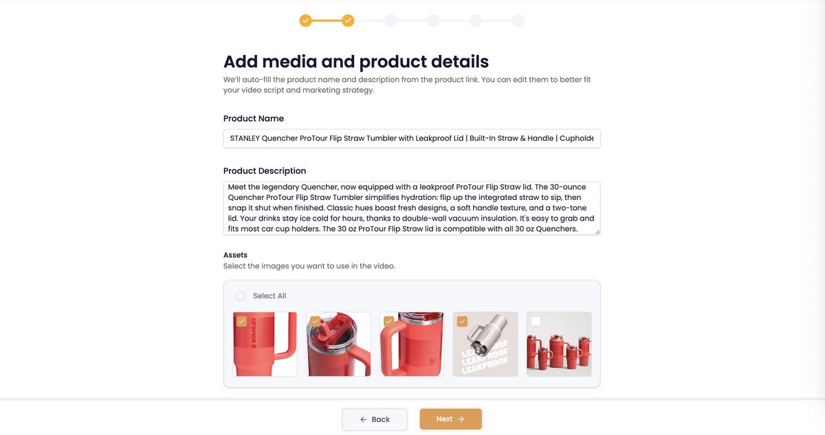 Add media and product details on CreateUGC AI to generate UGC video ads with AI in under 60 seconds