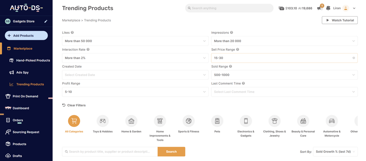 AutoDS product research tool for organic dropshipping