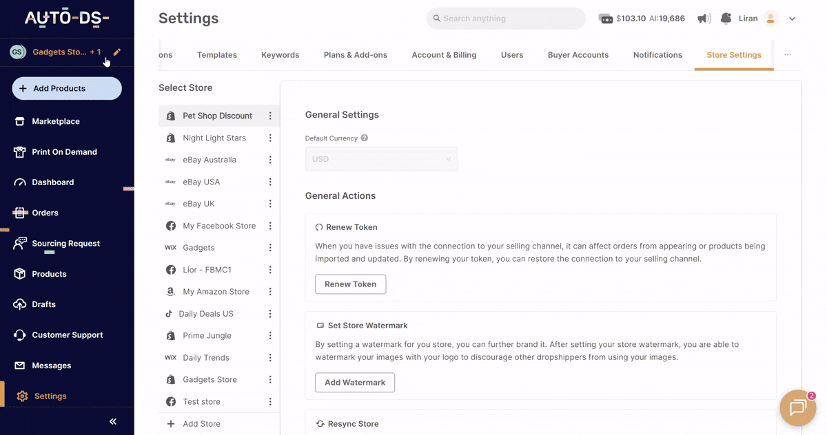 Multiple Stores Managing in the AutoDS platform
