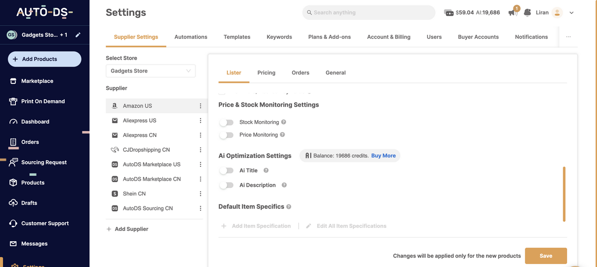 AutoDS's AI price and stock monitoring tool to automate your dropshipping business