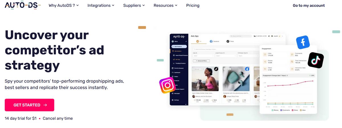 AutoDS Ads Spy Tools feature for dropshipping marketing
