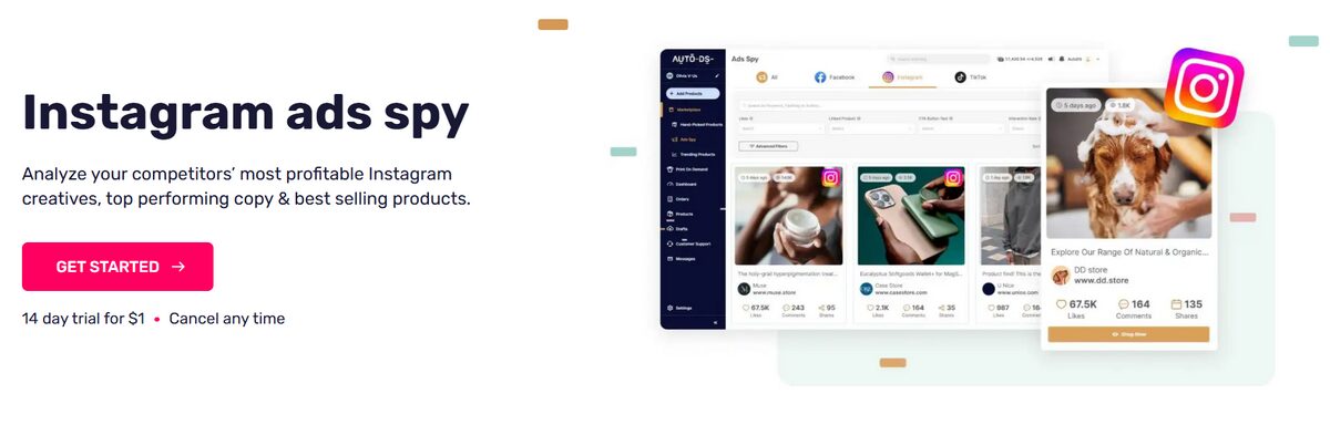 AutoDS Instagram Ads Spy Tool feature for dropshipping