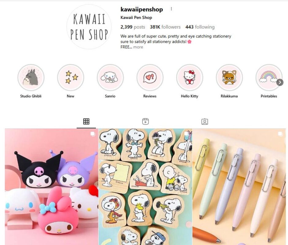 Kawaii Pen Shop page store on Instagram for dropshipping