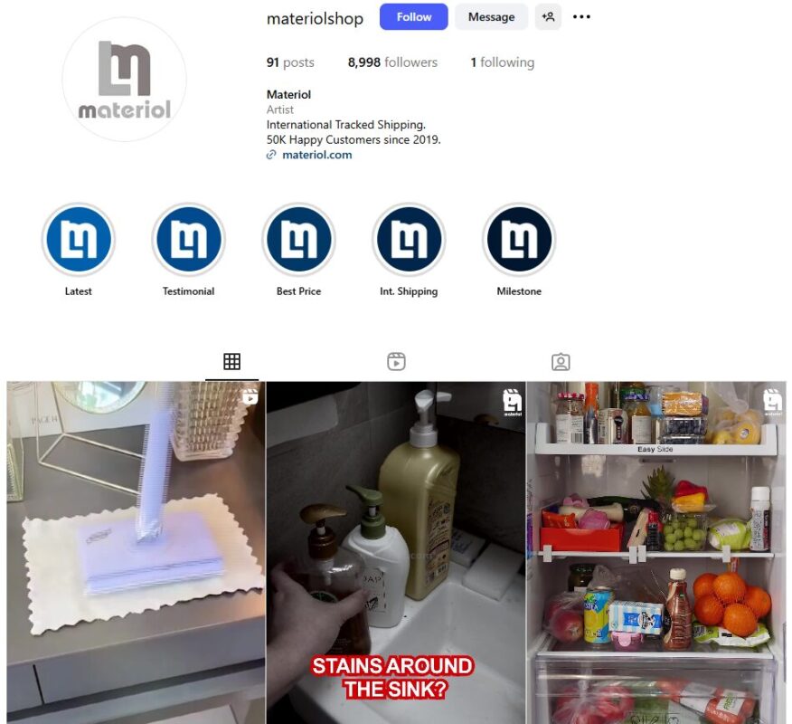 Materiol page on Intagram for dropshipping