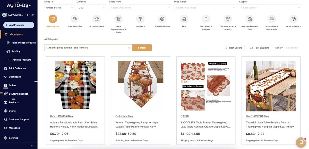 Table runners on AutoDS's marketplace for Thanksgiving dropshipping