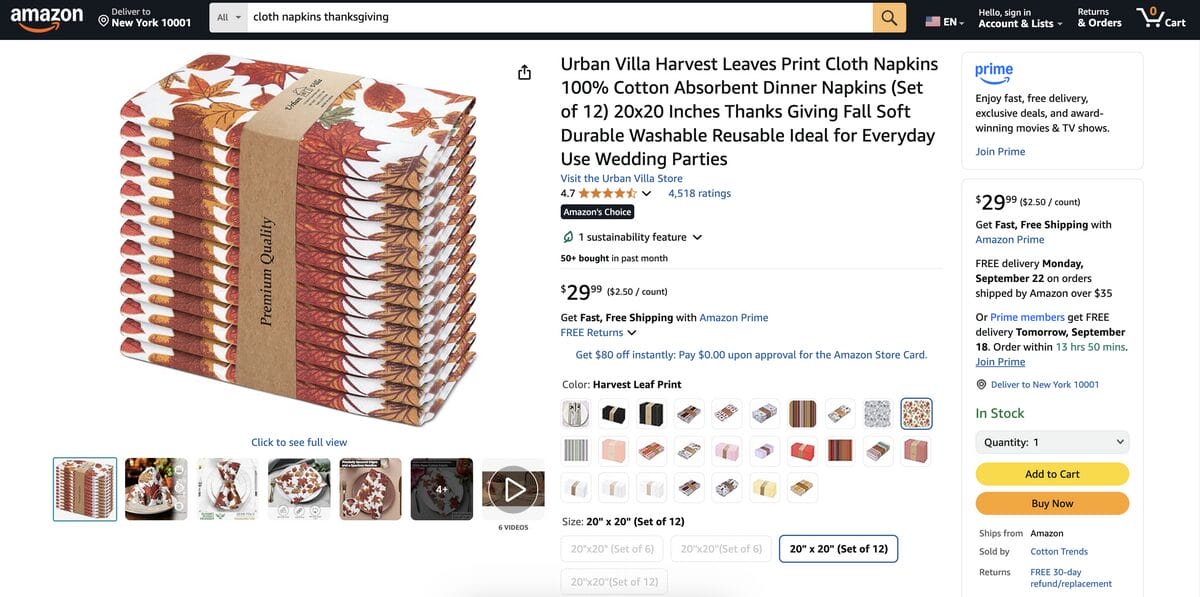 Cloth napkins on Amazon for Thanksgiving dropshipping