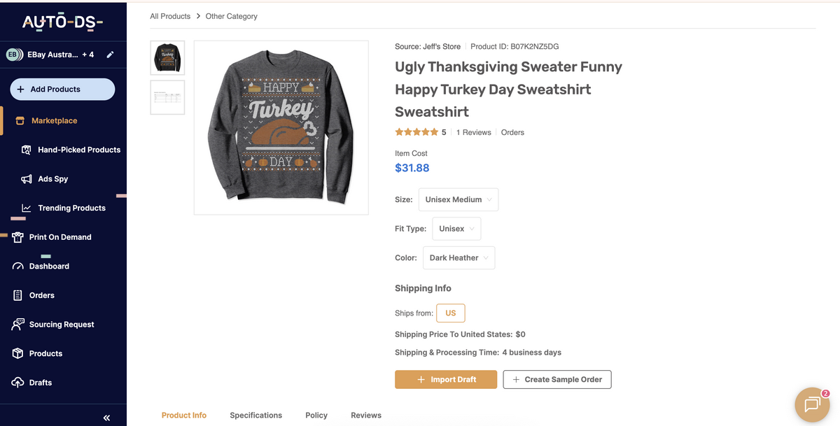Sweater on AutoDS's marketplace for Thanksgiving dropshipping