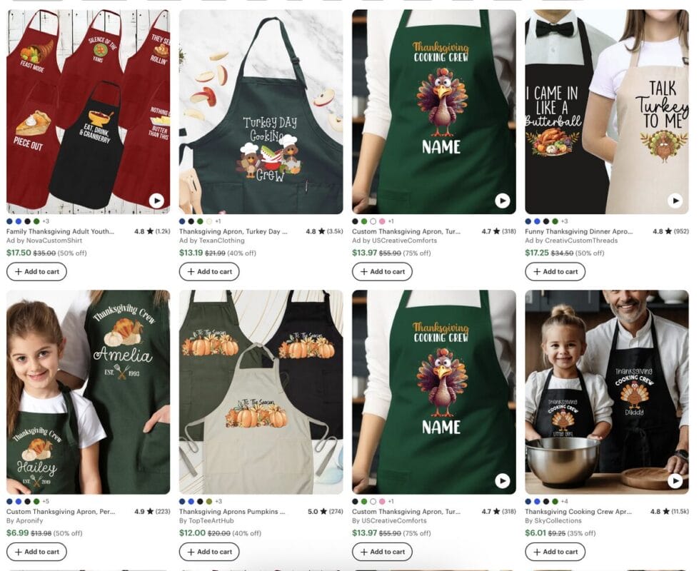 Aprons on Etsy for Thanksgiving dropshipping