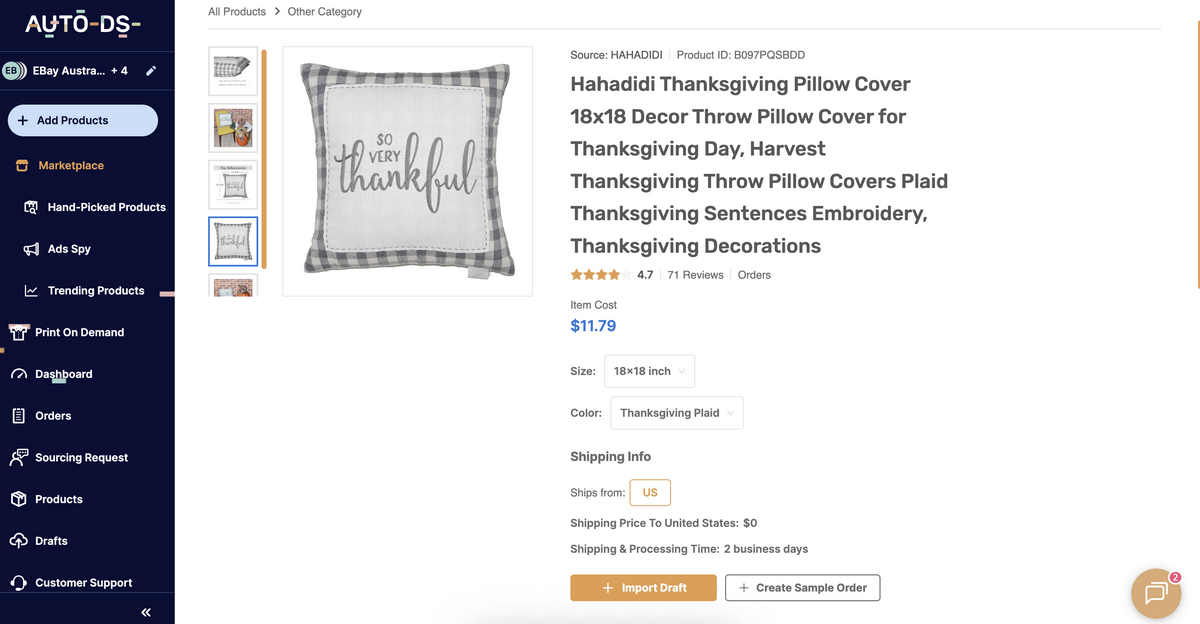 Pillow covers on AutoDS's marketplace for Thanksgiving dropshipping
