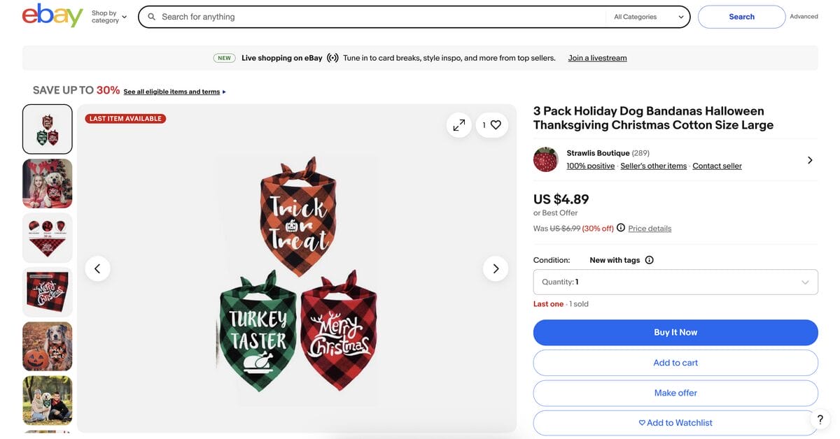 Pet bandanas on eBay for Thanksgiving dropshipping