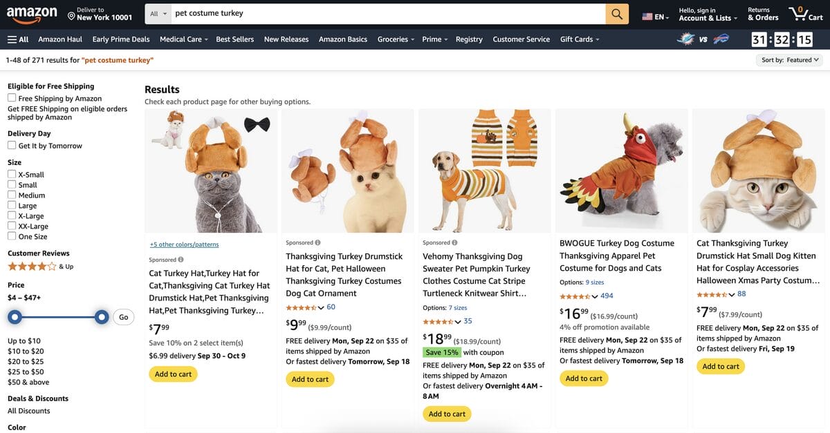 Turkey costume for pets on Amazon for Thanksgiving dropshipping