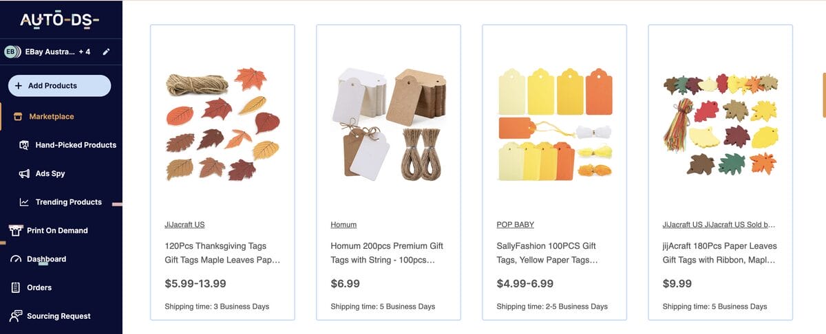 Gift tags on AutoDS's marketplace for Thanksgiving dropshipping