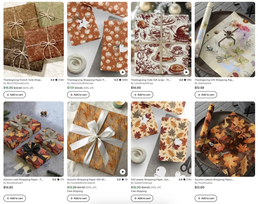 Gift wrapping supplies on Etsy for Thanksgiving dropshipping