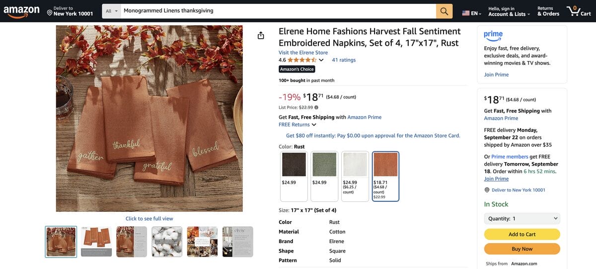 Monogrammed linen on Amazon for Thanksgiving dropshipping