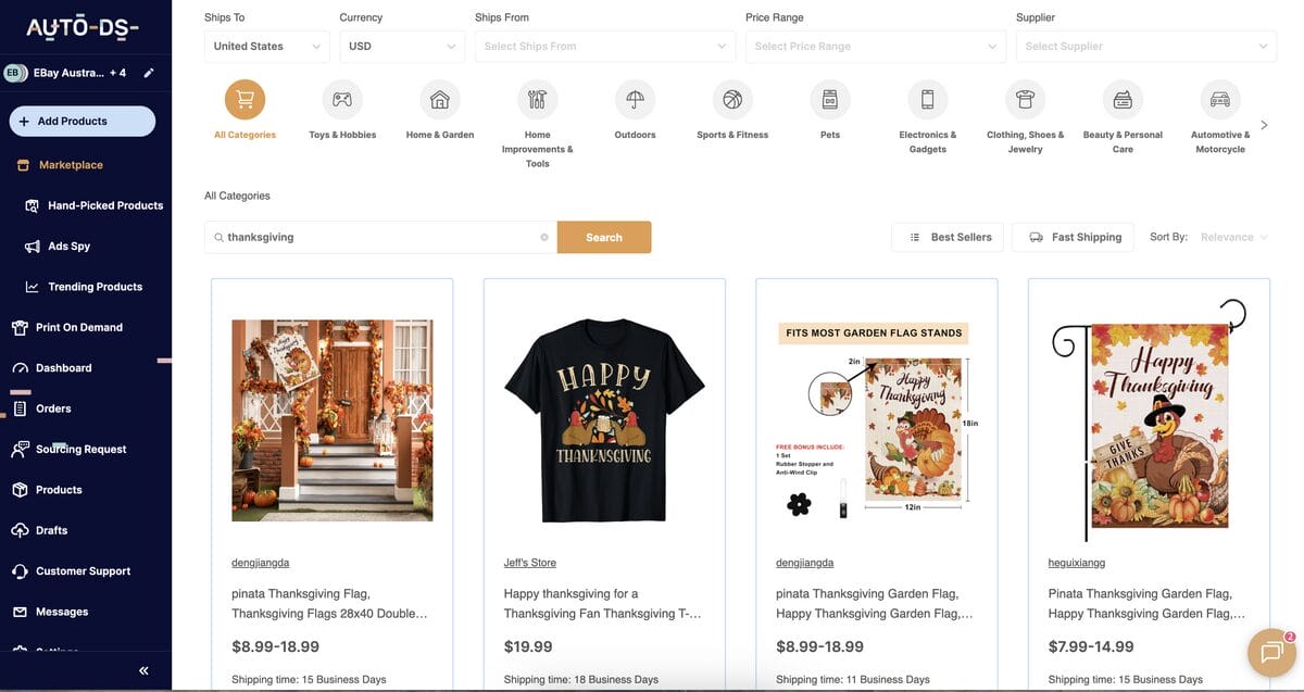AutoDS's marketplace and product sourcing tools for Thanksgiving dropshipping