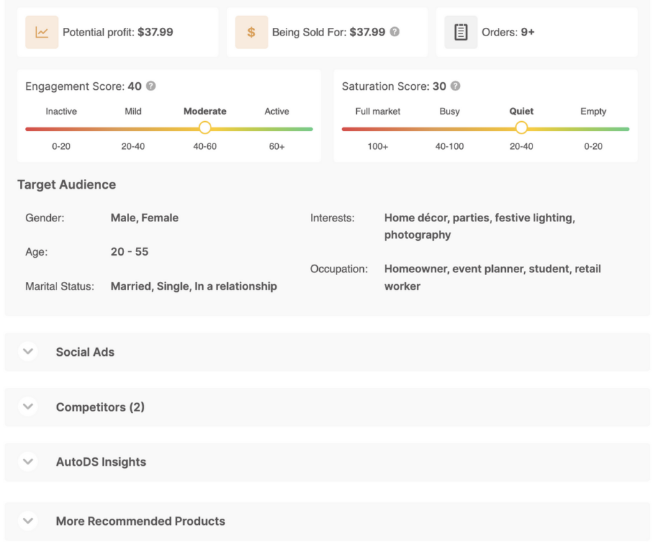 AutoDS's real-time market data for Thanksgiving dropshipping