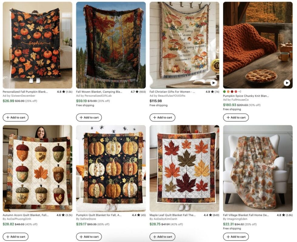 Themed throws on Etsy for Thanksgiving dropshipping