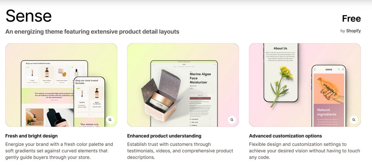 Sense free theme for dropshipping in Shopify