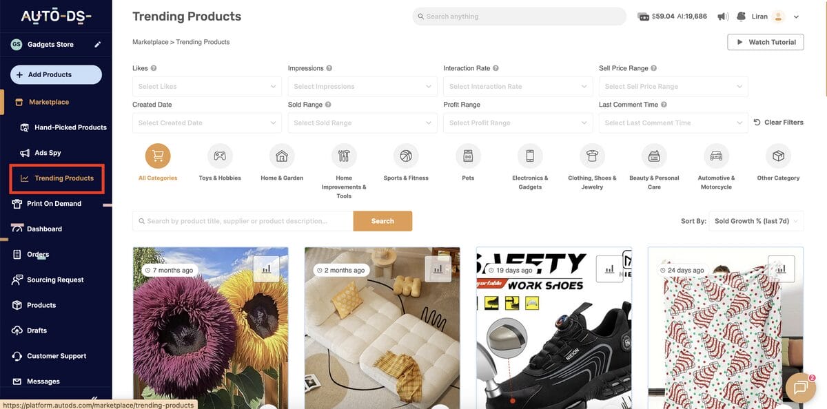 Find trending products with AutoDS using its dropshipping marketplace