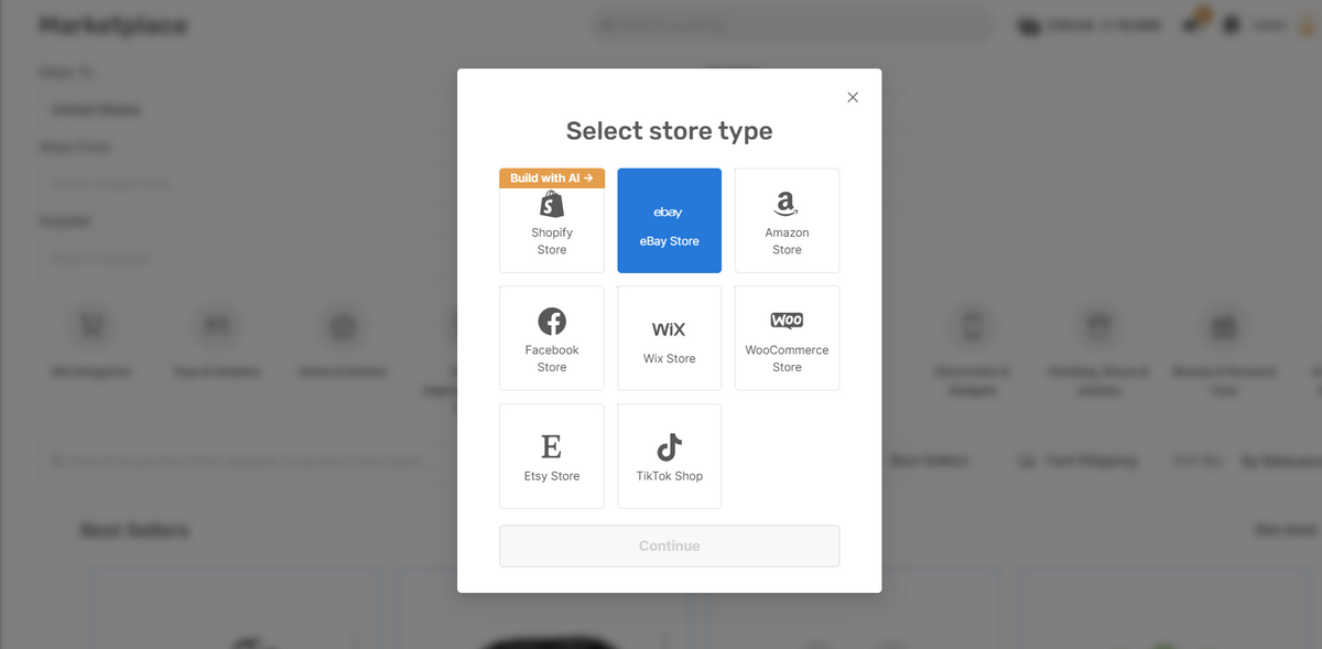 AutoDS dashboard connection ton eBay as selling platform for dropshipping from Home Depot