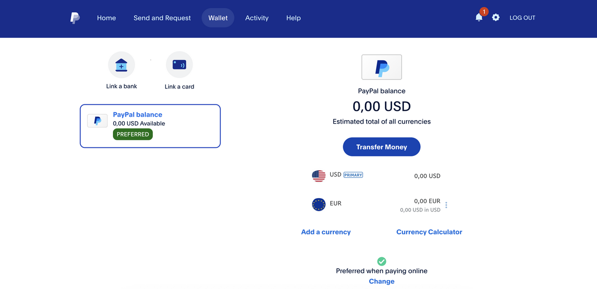 PayPal's wallet to add more currencies to your PayPal account
