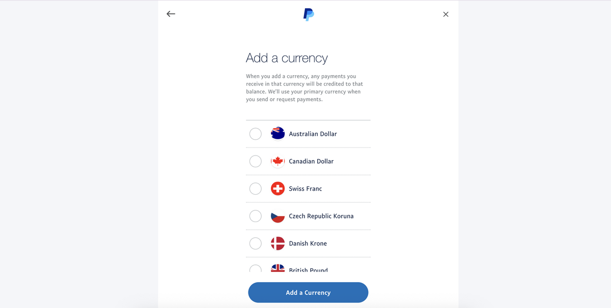 PayPal's "add currency" menu" to add more currencies to your PayPal account