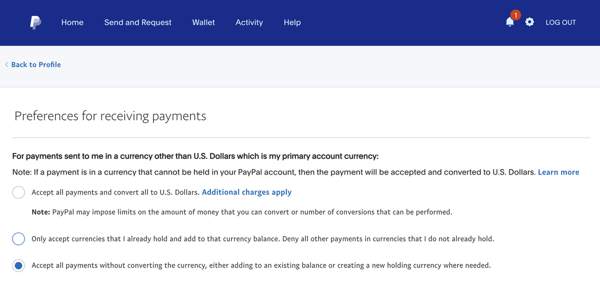 PayPal's payment receiving preferences to add more currencies to your PayPal account