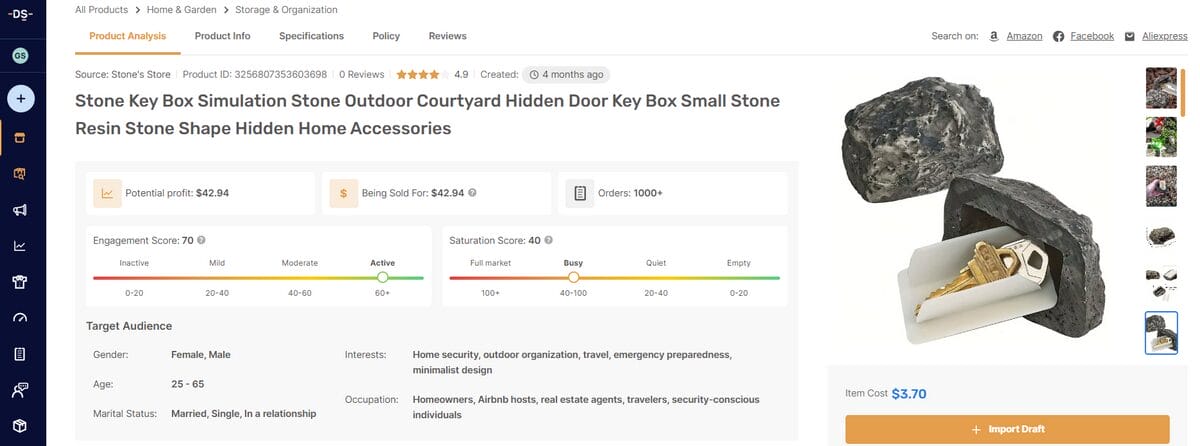 Hidden Doorstep Key Box Product page on AutoDS for November dropshipping