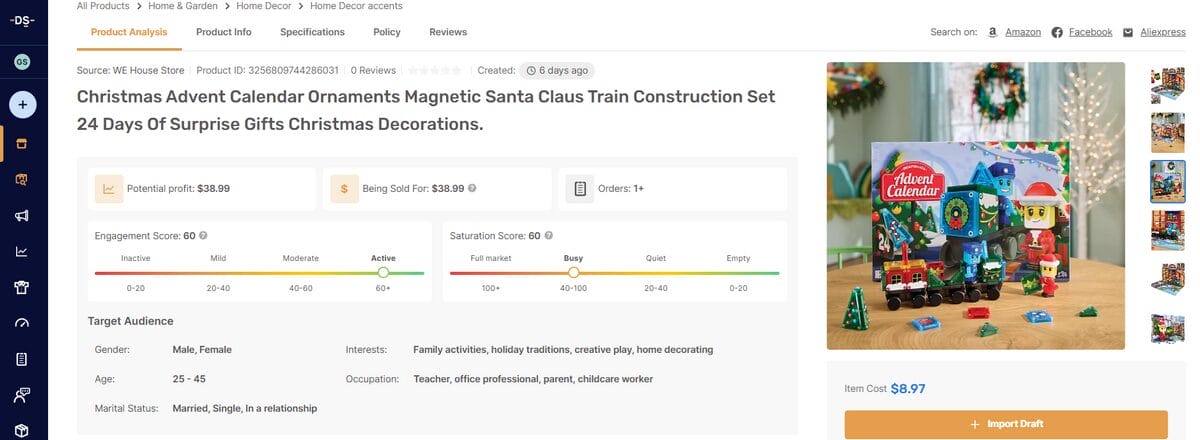 Product page on AutoDS for November dropshipping of Christmas Advent Calendar
