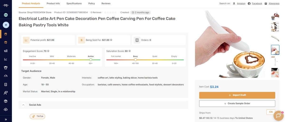 Product page on AutoDS for November dropshipping of Electrical Latte Art Pen