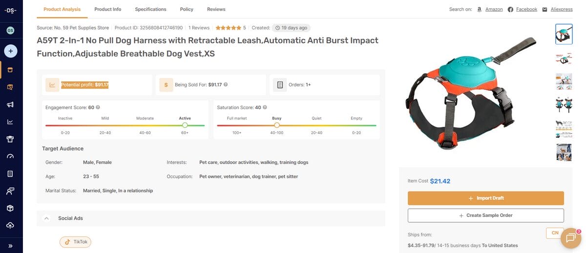 Product page on AutoDS for November dropshipping of 2 in 1 No Pull Dog Harness