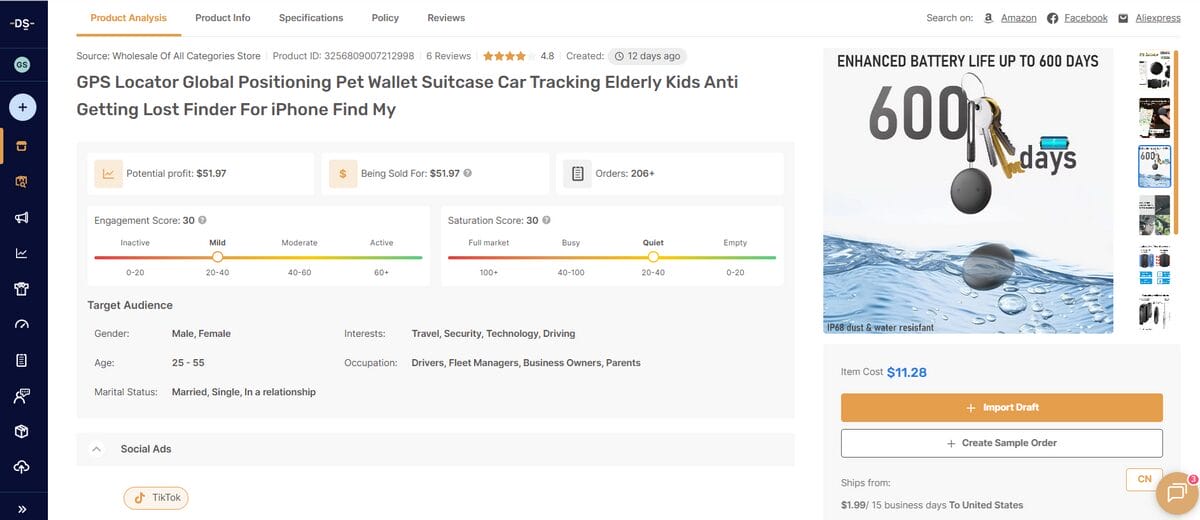 Product page on AutoDS for November dropshipping of GPS locator global positioning