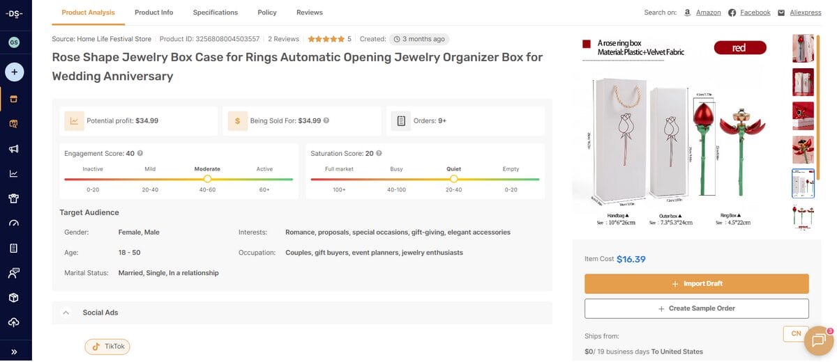 Product page on AutoDS for November dropshipping of Rose Shape Jewelry Box