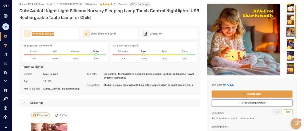 Product page on AutoDS for November dropshipping of cute capybara and axolotl night light