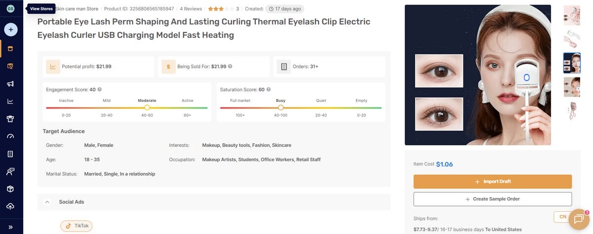 Product page on AutoDS for November dropshipping of Perm Shaping And Lasting Curling Thermal Eyelash