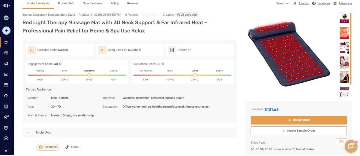 Product page on AutoDS for November dropshipping of Red Light Therapy Massage Mat