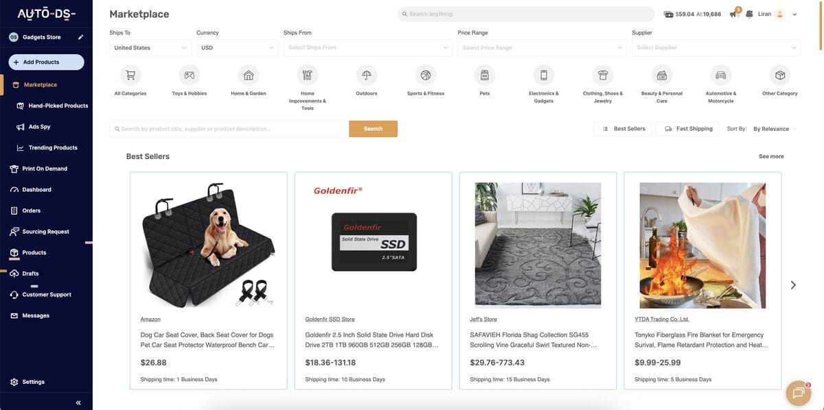 AutoDS's marketplace for Facebook Shops and Marketplace dropshipping