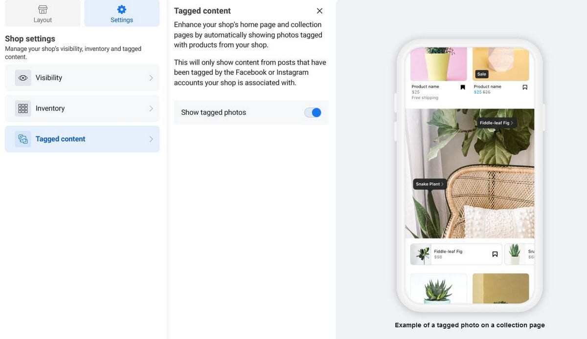 Facebook Shops' customization features for a Marketplace vs Facebook Shops comparison