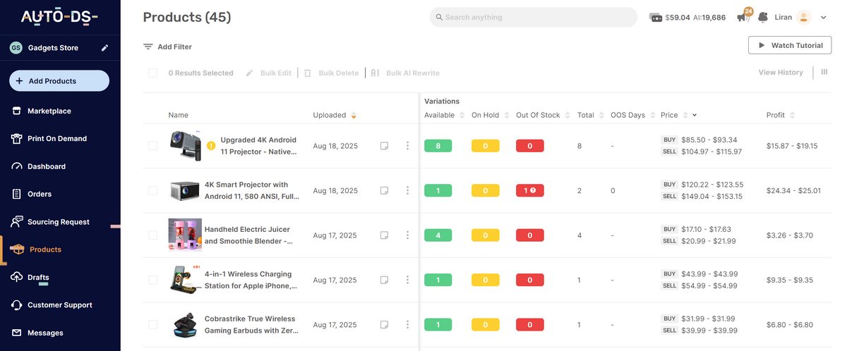 AutoDS inventory syncing feature for dropshipping
