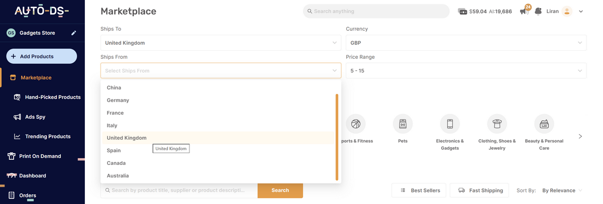AutoDS supplier location filter feature