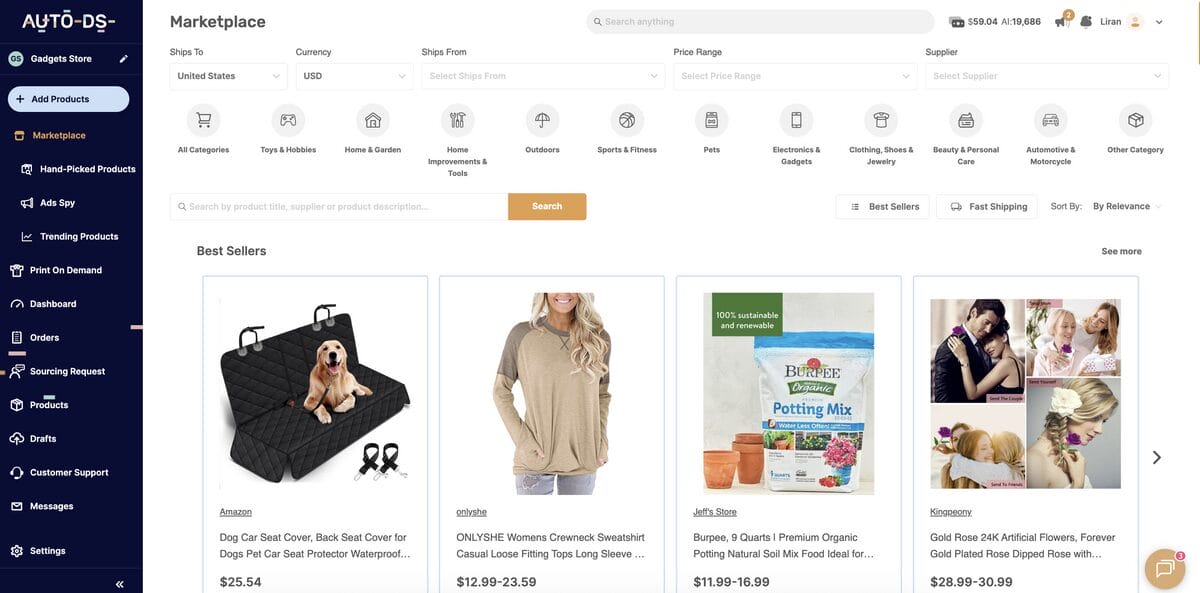AutoDS's marketplace with private suppliers to add white label products to your dropshipping store