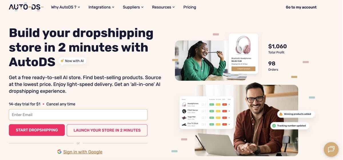 AutoDS's homepage, the all-in-one dropshipping platforms to automate returns and prevent chargebacks
