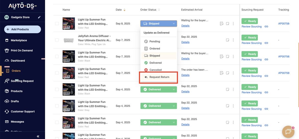 AutoDS's order dashboard and automated returns to prevent chargebacks