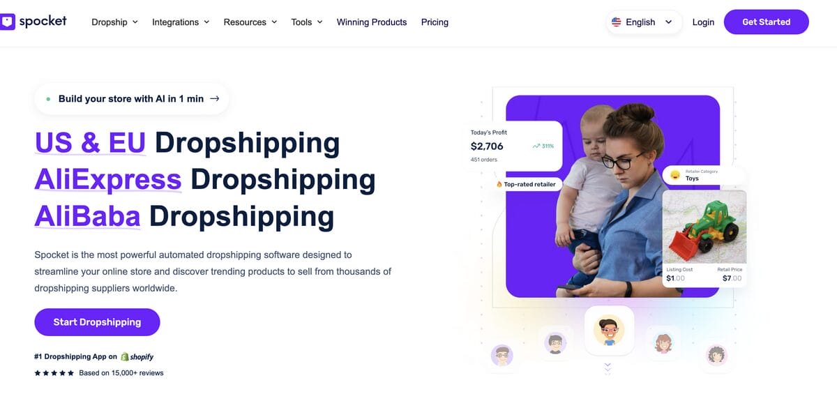 Spocket's homepage, a dropshipping platform for managing returns and chargebacks