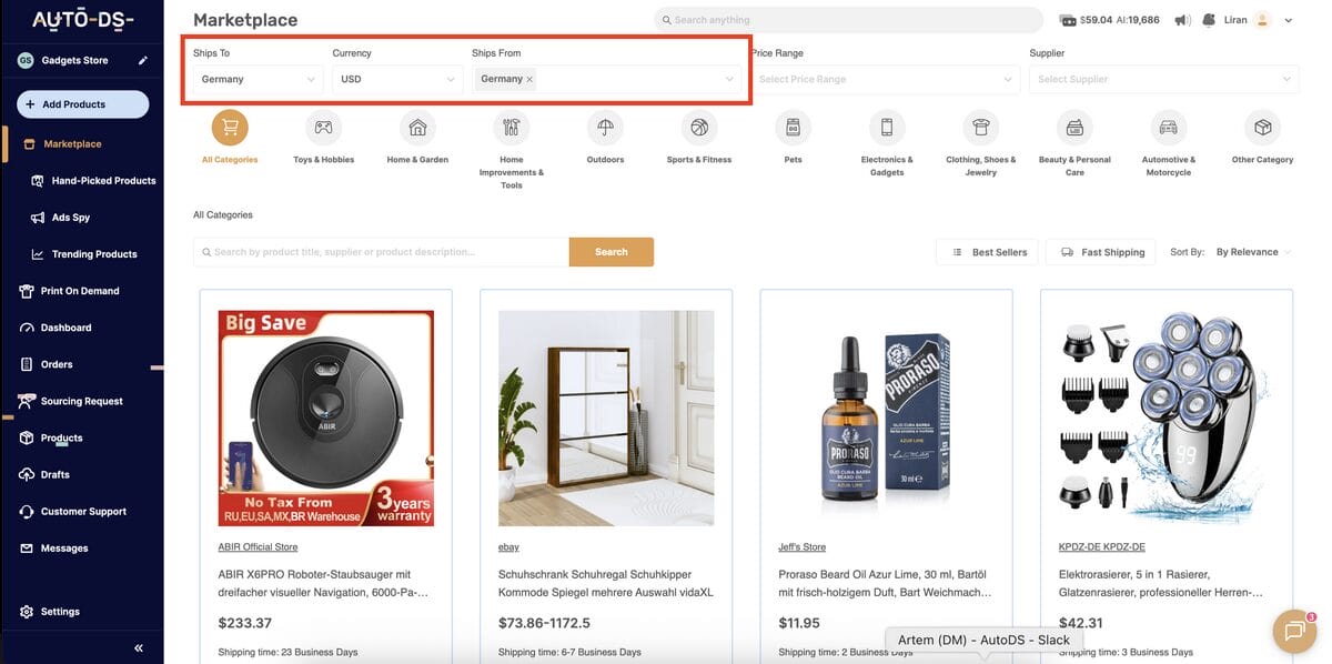AutoDS's marketplace to sell to multiple eBay marketplaces