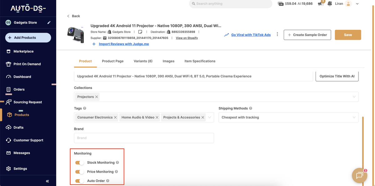 AutoDS's price and stock monitor to sell to multiple eBay marketplaces