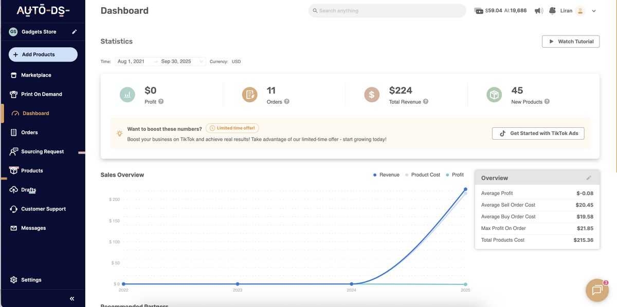 AutoDS's analytics dashboard to sell to multiple eBay marketplaces